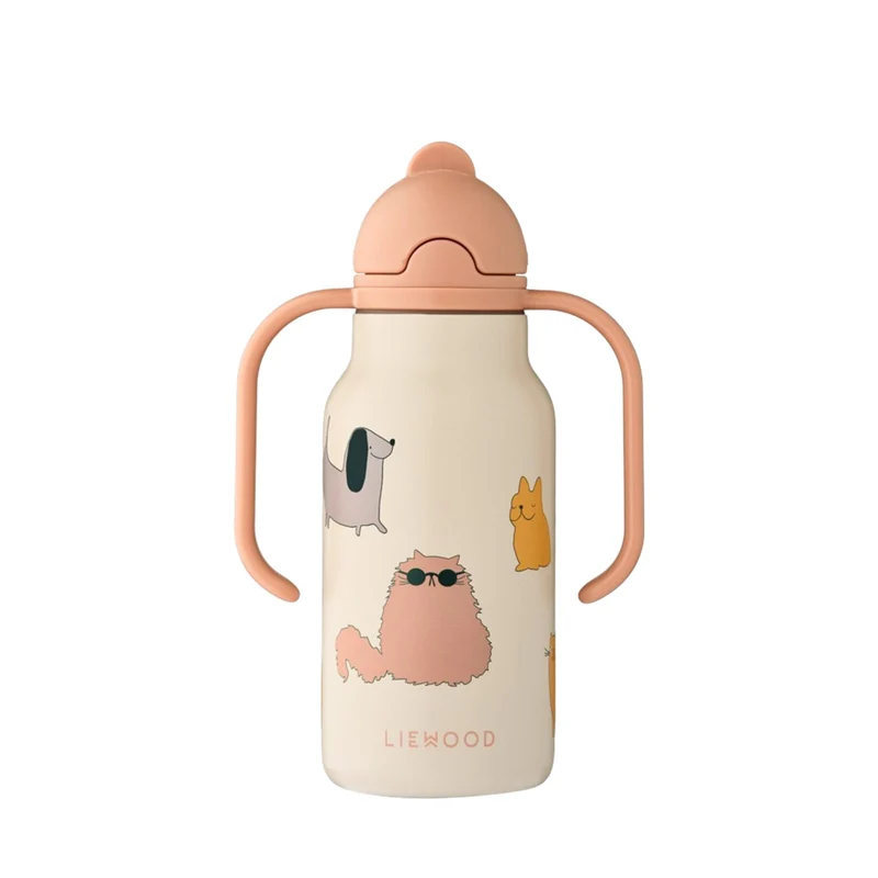 LW19618_2503_1Liewood Kimmie Water Bottle 250 ml 2503 Cats and Dogs sandy