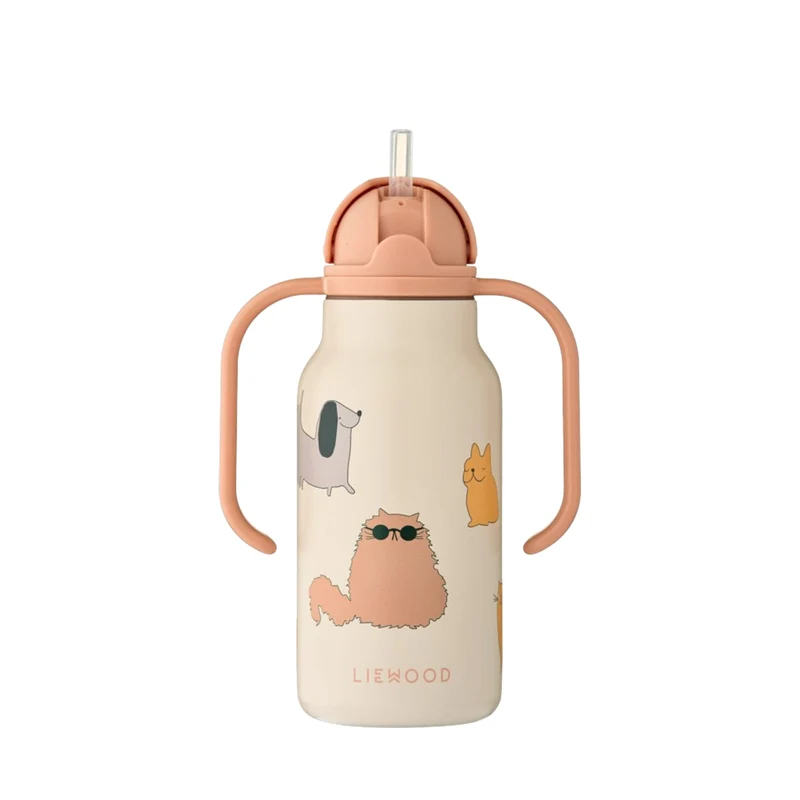 LW19618_2503_1Liewood Kimmie Water Bottle 250 ml 2503 Cats and Dogs sandy2