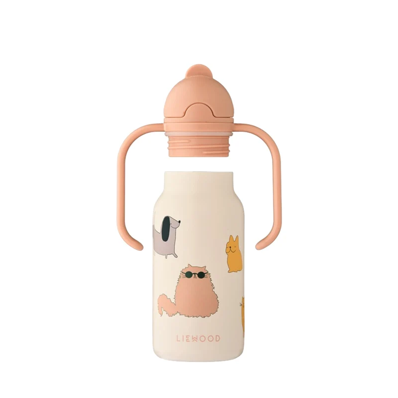 LW19618_2503_1Liewood Kimmie Water Bottle 250 ml 2503 Cats and Dogs sandy3